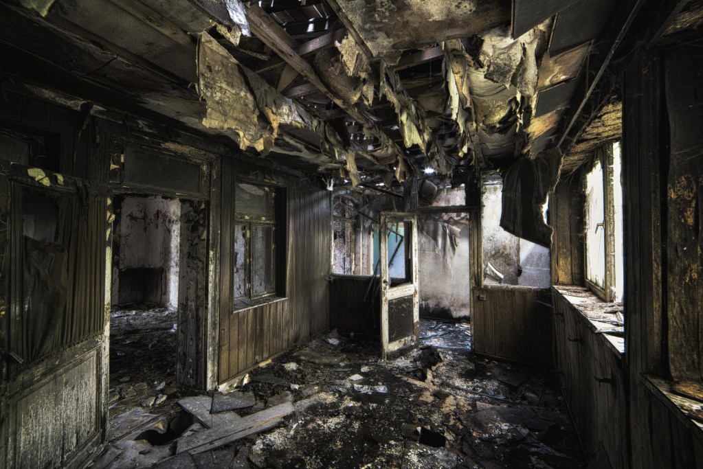 Interior of a home that's been burned by fire.
